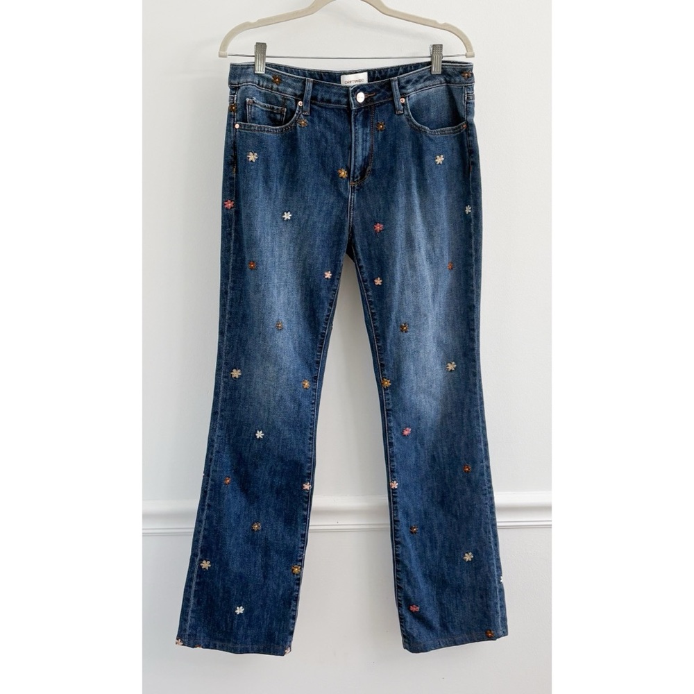 DRIFTWOOD Dark Blue Straight Leg Jeans with Multicolor Floral Embroidery